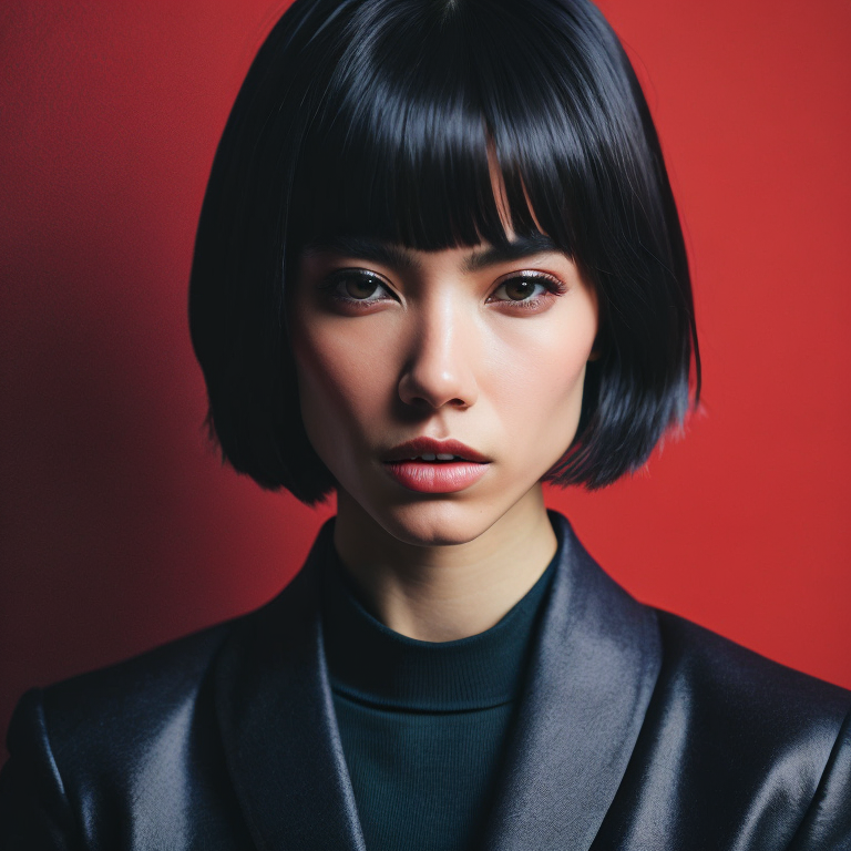 portrait a women with bob haircut, red background, black hair, black eye, light particles around