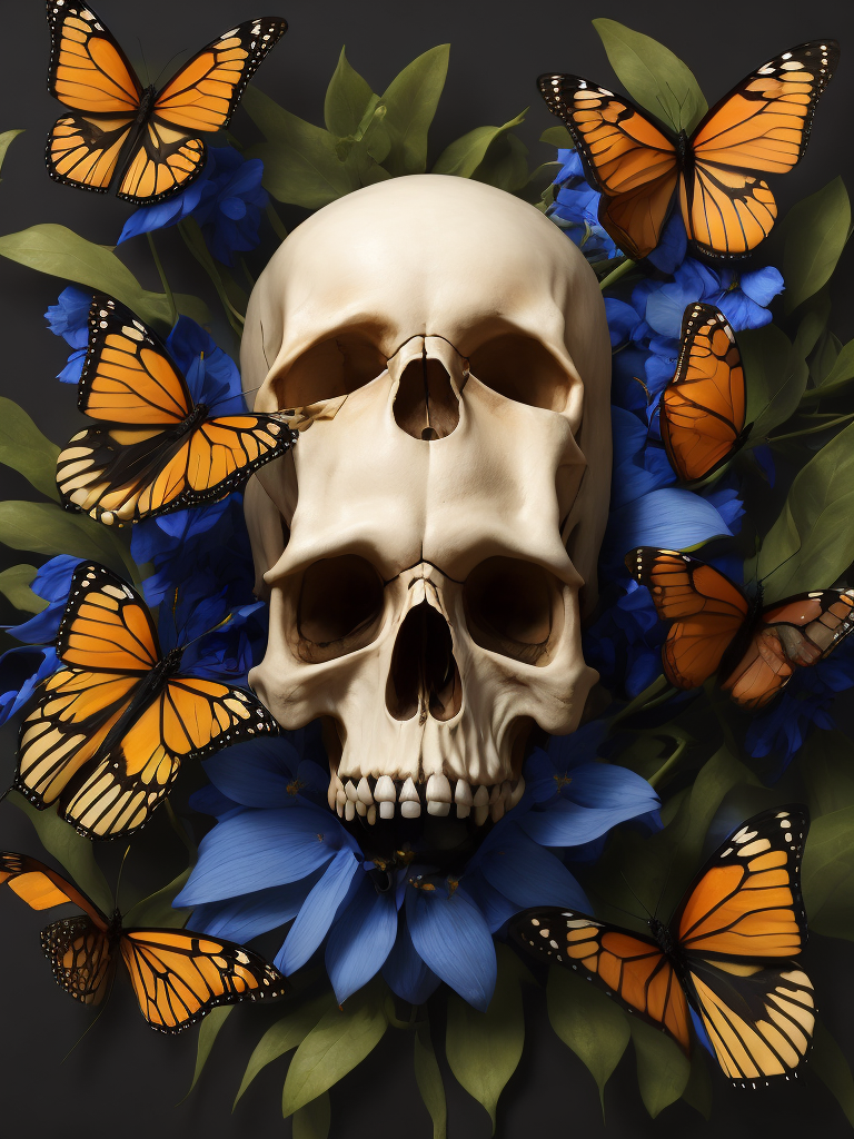 beautiful composition of a skull and monarch butterflies, rule of thirds, golden proportions, realistic art, anatomically correct, white skull with some orange butterflies, some blue flowers in the back, perfect composition, still life, high quality, front view creative, very colorful, very detailed, insane illumination, photography,