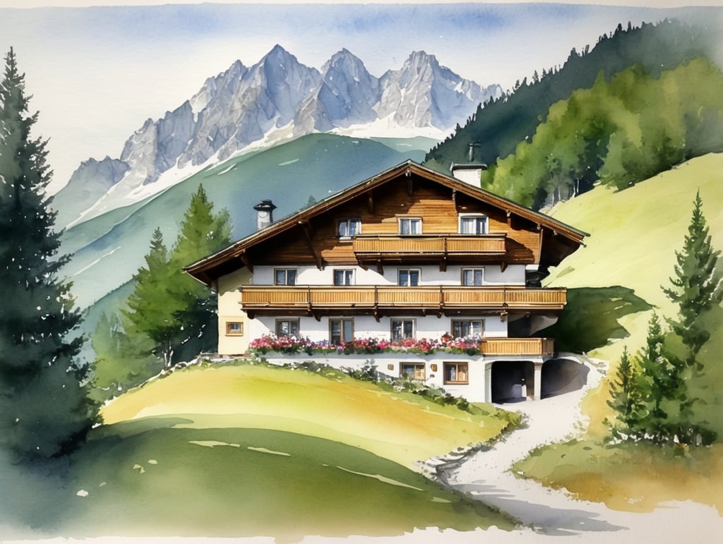 Watercolour sketch of a mountain Austrian chalet