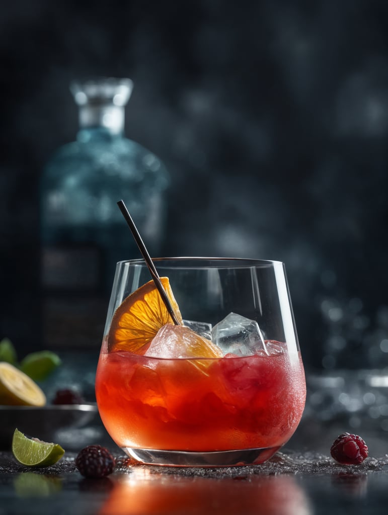 gin cocktail with a dried slice of fruit, professional food photography, depth of field, fantastical