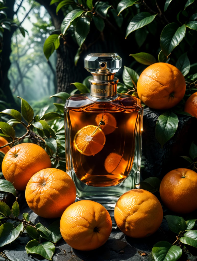 professional photography of a luxury perfume, orange fruits around, orange forest, green satin scarf, no label, clear, mockup