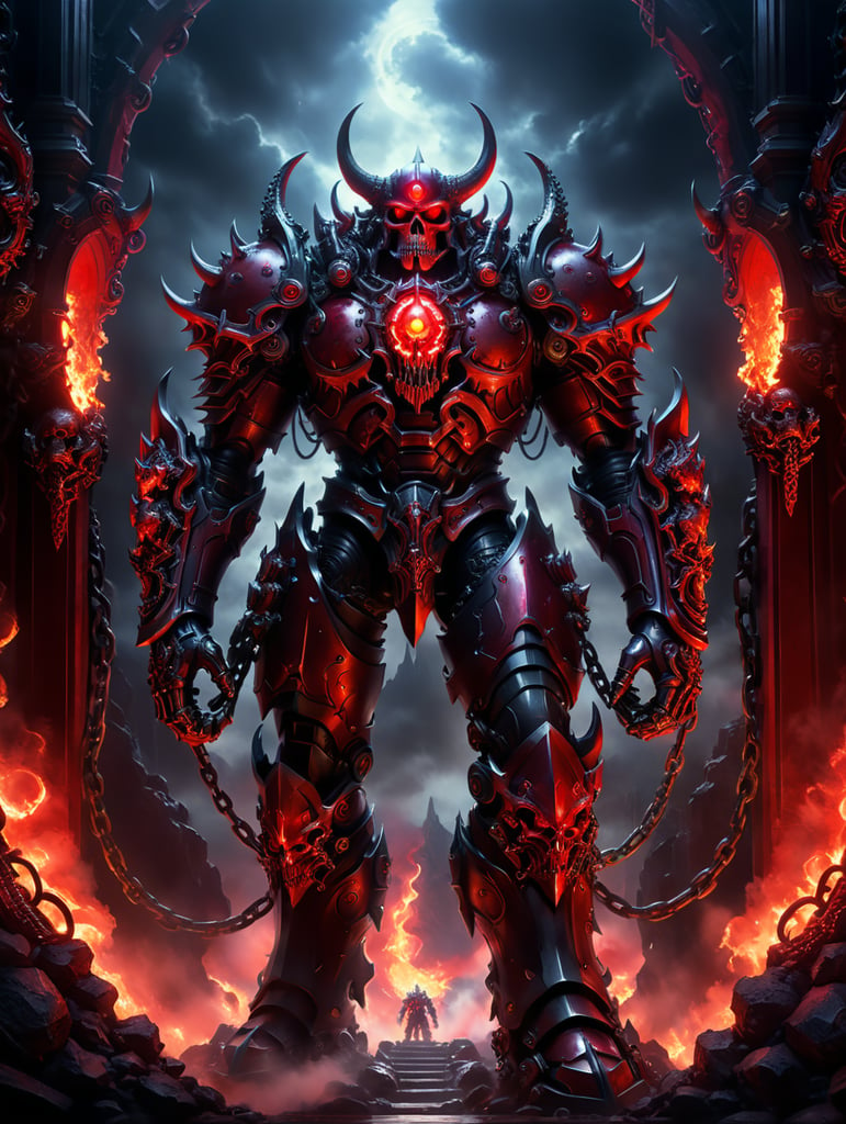 Unholy champion of darkness standing at the gates of hell with a wavy glowing crimson halo skulls and chains on crimson obsidian armor. Studio Ghibli, Digital art, finely detailed, masterpiece, high quality, depth of field, ultra HD