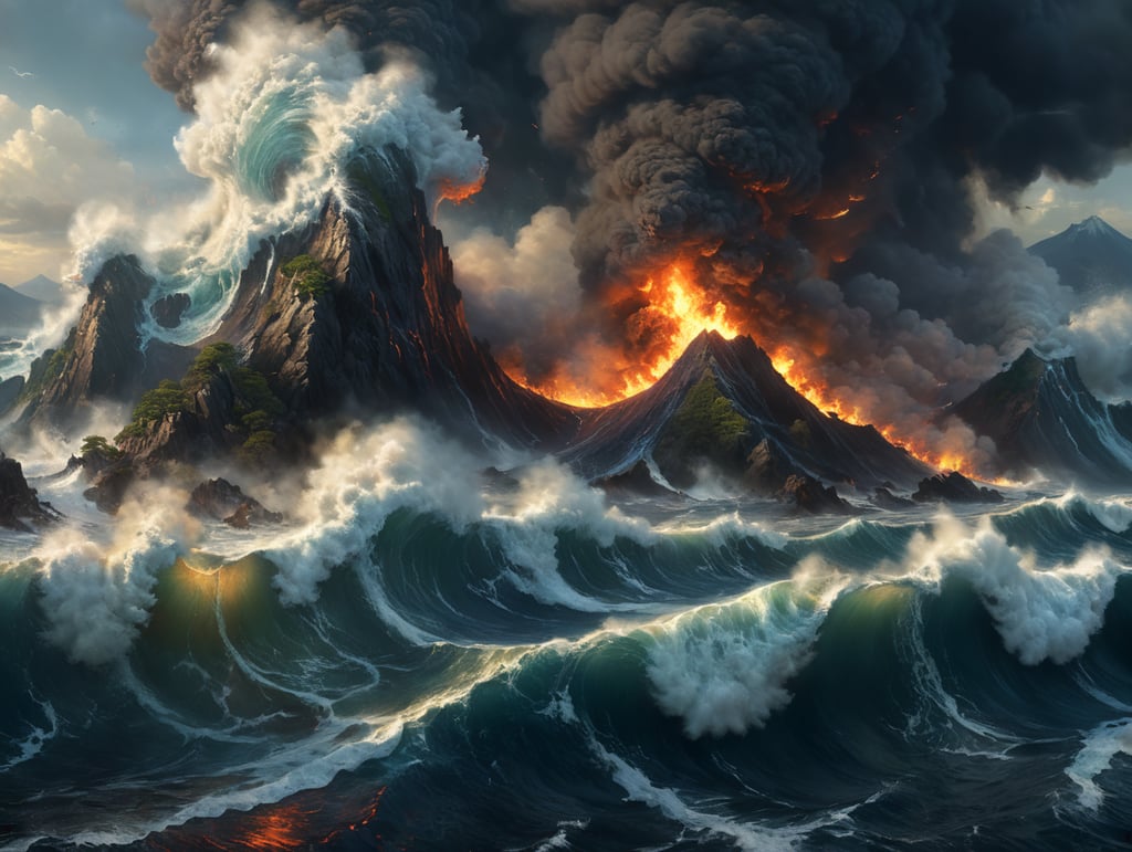 Epic photograph of an earthquake in Japan, large waves, destruction, fire, in the style of Aivazovsky