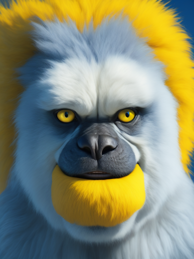 photorealistic portrait of Yeti, bright yellow fur, kind facial expression, bright blue background