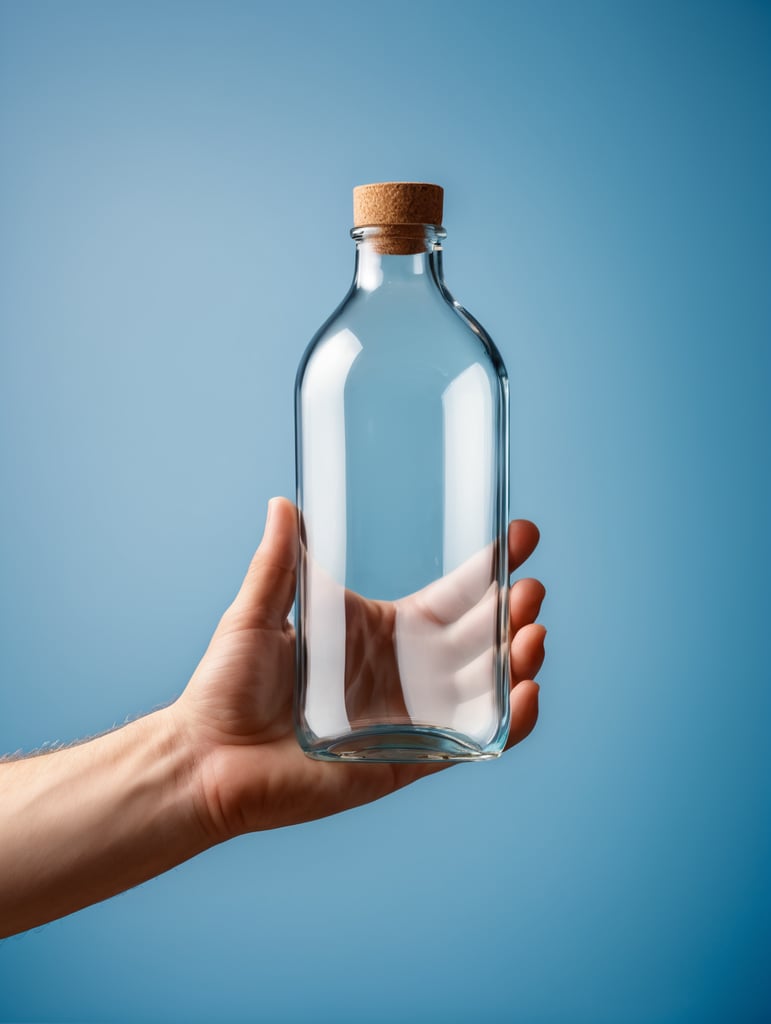 Hand holding a transparent Glass Bottle, Empty, Clean, Clear, isolated, blue background