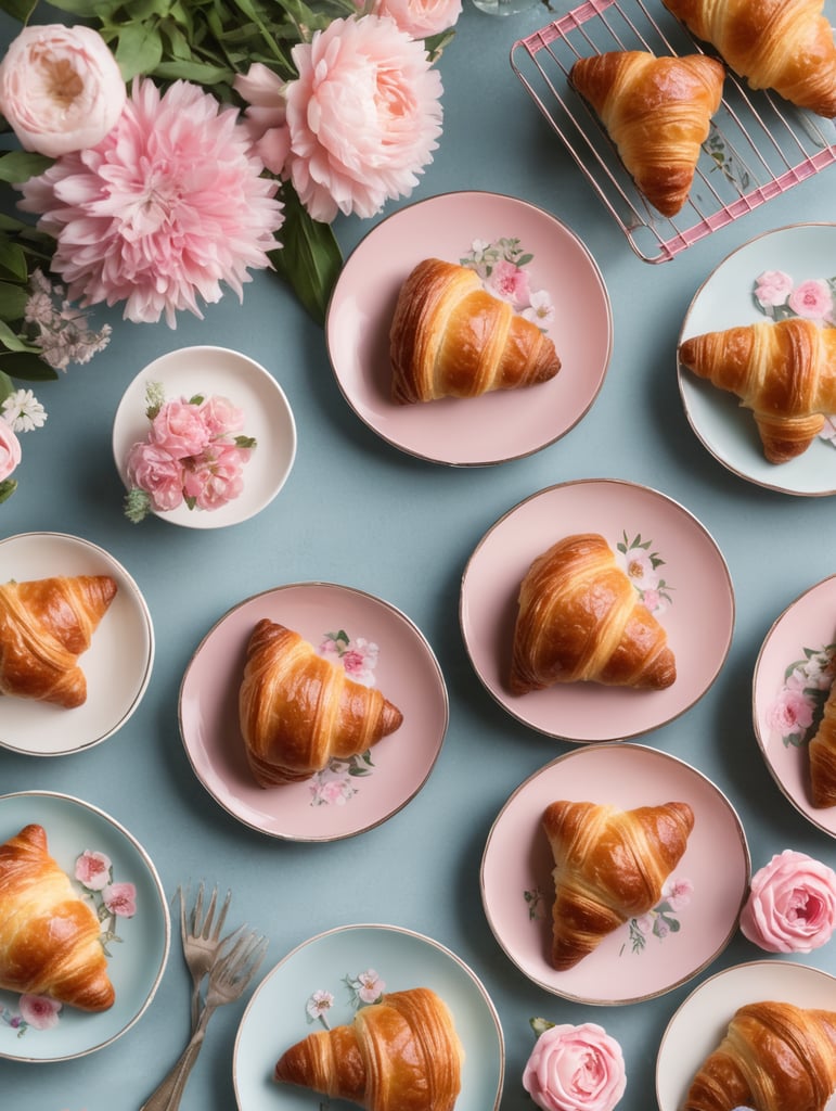Cookbook photo, top - view, wire cooling rack, croissants, with a floral, allow, banner, pink and pastel blue, farmcore