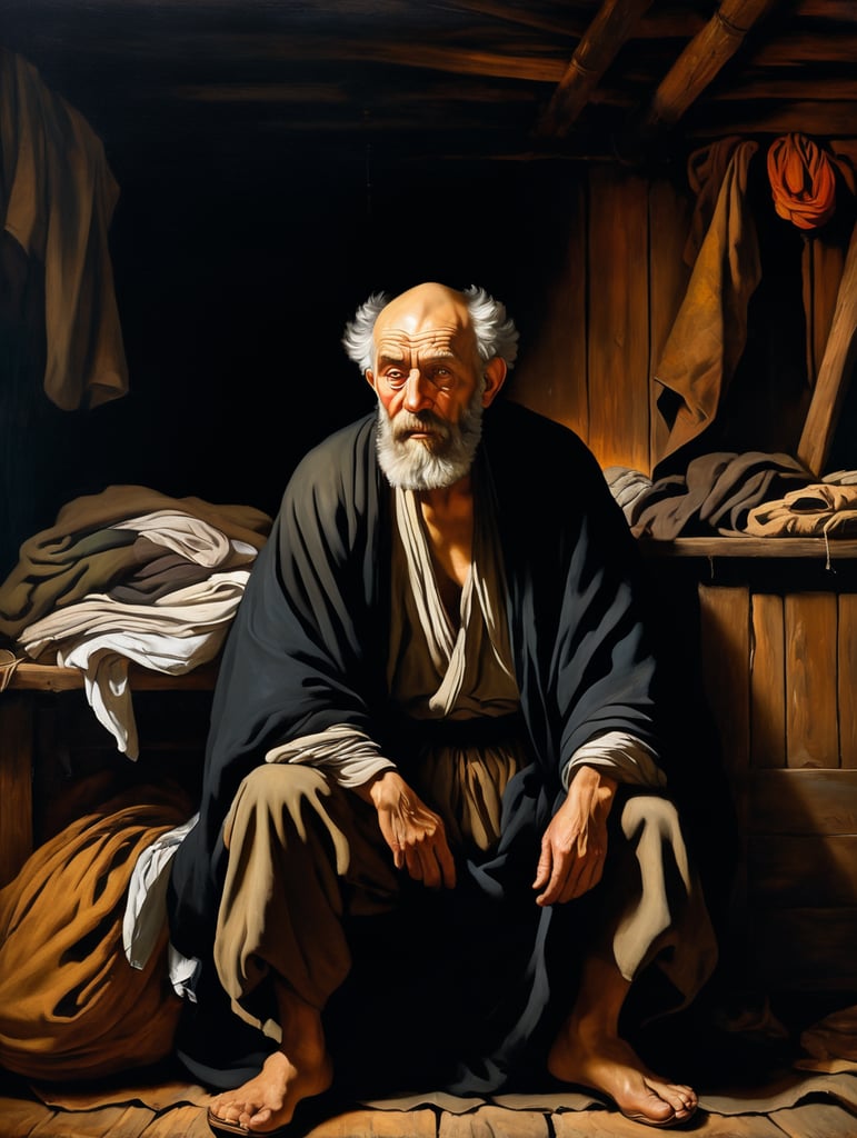 A masterpiece painting by Caravaggio and Rembrandt, fullshot view of a bearded old man, suffering, lying on a pile of old clothes, surrounded by beautiful masterpiece paintings, in a poor wooden house, at very dark night at the shadows