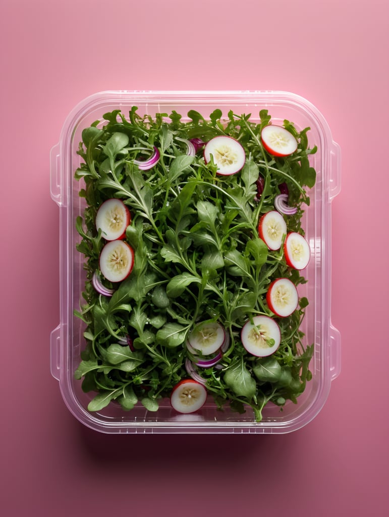 blank Transparent Plastic Container with Arugula Salad, isolated, pink background, Mockup, mock up