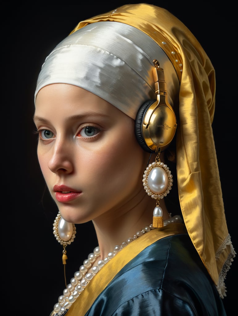 recreate Johannes Vermeer's classic painting, 1665, The Girl With The Pearl Earring, place a pearl-colored headphone on the girl