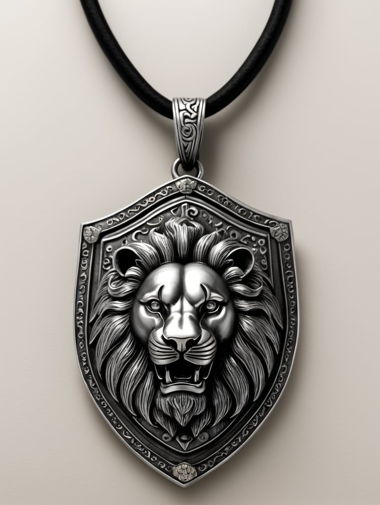 bas relief lion face on a shield-shaped pendant.3d, high-definition. oxidized silver. one color only