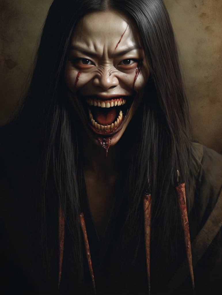 Kuchisake-onna smiling with Slit-Mouthed and razor sharp teeth Ying and yang in the background Rotting flesh ,hored of flesh horror, ironic, creepy, scary caricature, satire, hyperdetailed illustration by Brian Bolland and iconic, hyperdetailed, digital illustration by Derek Riggs, (iconic, hyperdetailed, haunting digital illustration by Zdzisław Beksiński and Peter Gric. ) and artist Vincent Locke