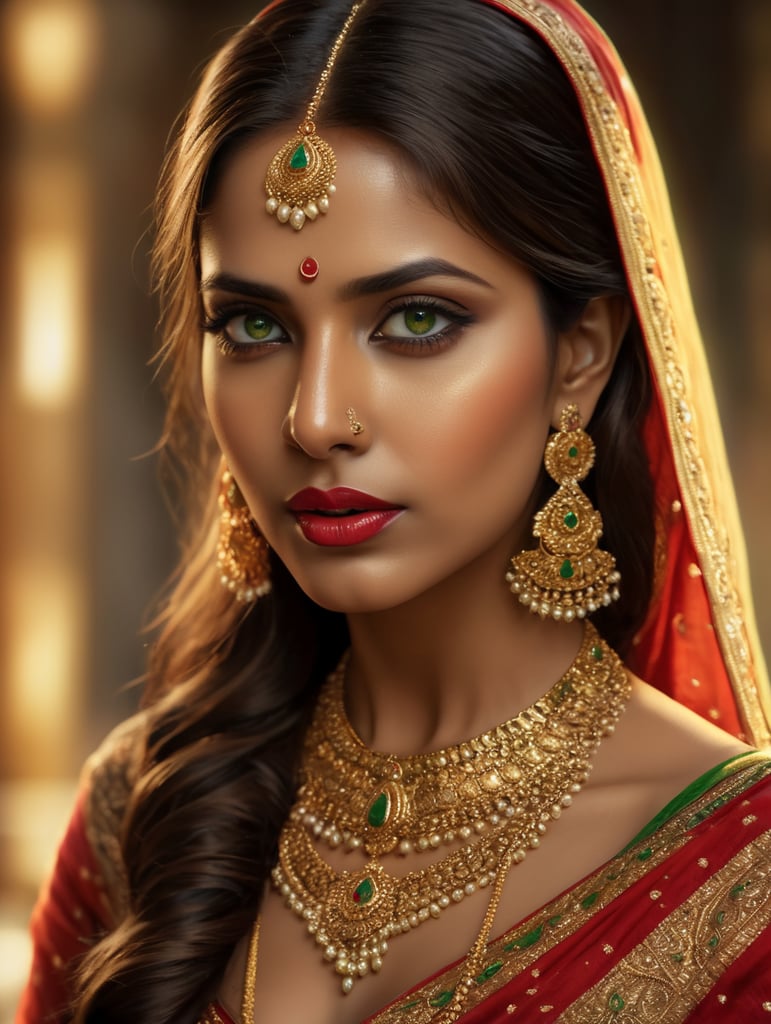 Indian Tamil girl, rich beautiful sari, bright makeup, golden jewelry, long brown hair, green eyes, red lips.
