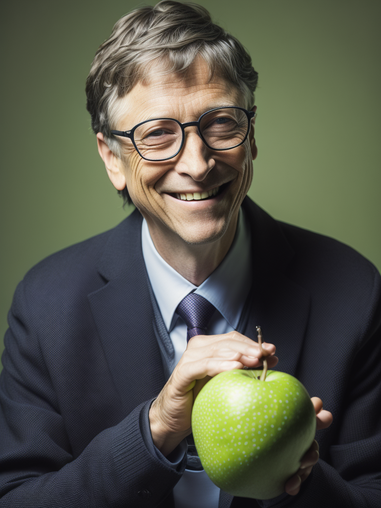 Bill Gates eating a green apple happily, bright and saturated colors, highly detailed, sharp focus, Dramatic Lighting, Incredibly high detailed