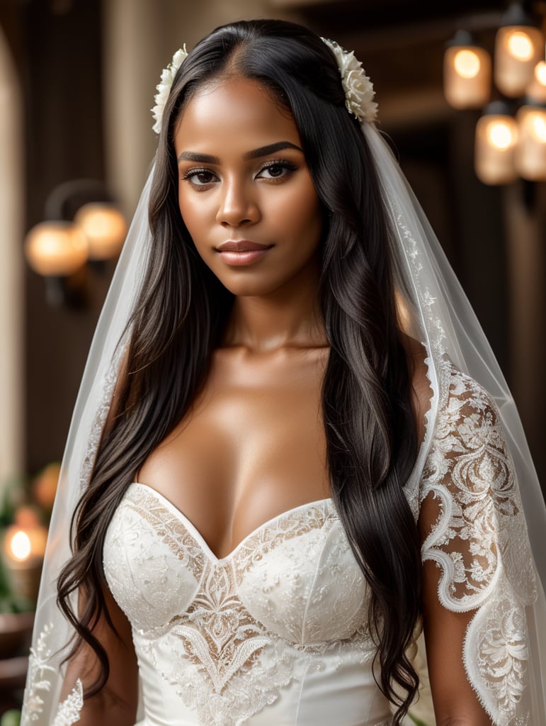 uma linda garota negra de cabelos lisos pretos e compridos ela esta lindamente vestida de noiva em um ambiente mexicanos