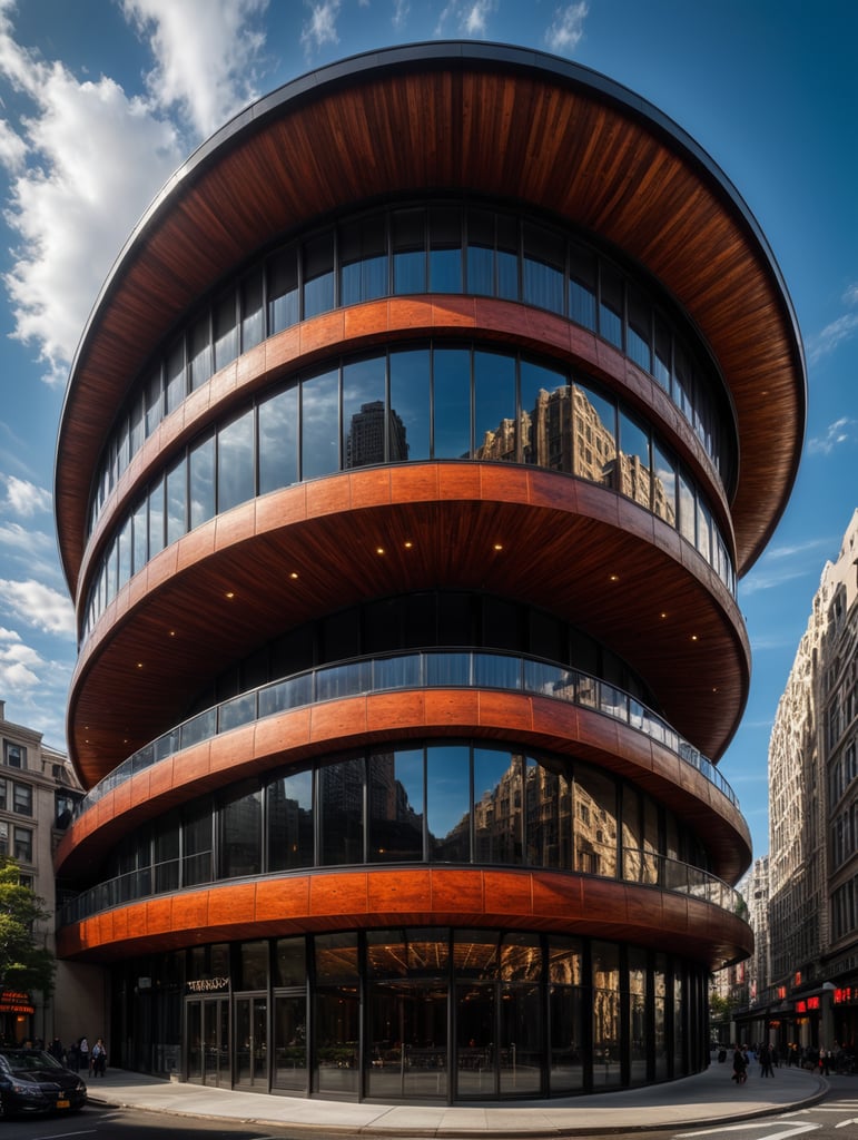 the craziest, bentwood, far view lens architectural modern style hyper realistic hyper detailed neocosmic exterior architecture design of a octopus Fluid complex facade, geometric shapes spectrum, black::1 red:3, Antoine Blanchard architecture art style, in new York city, dramatic ambient, natural lighting