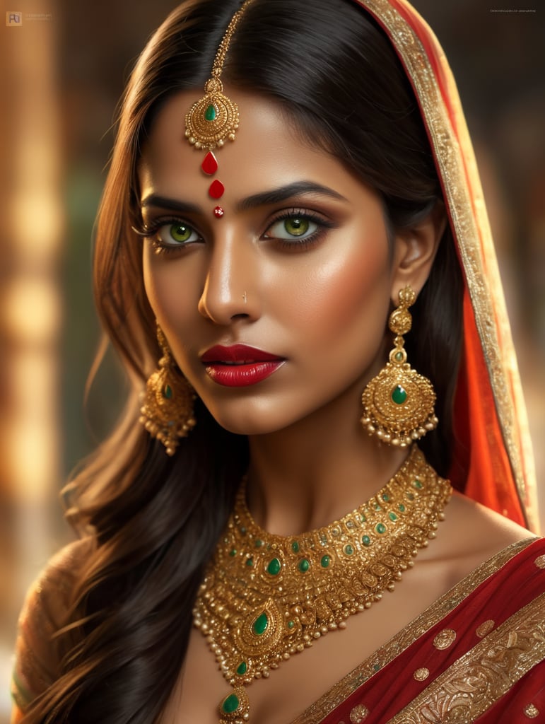 Indian Tamil girl, rich beautiful sari, bright makeup, golden jewelry, long brown hair, green eyes, red lips.