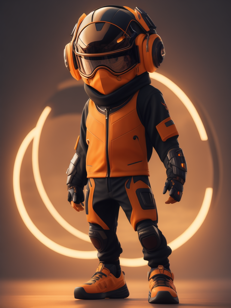 Orange cute style mascot wearing stylish futuristic sports clothes, big sneakers and a futuristic glasses