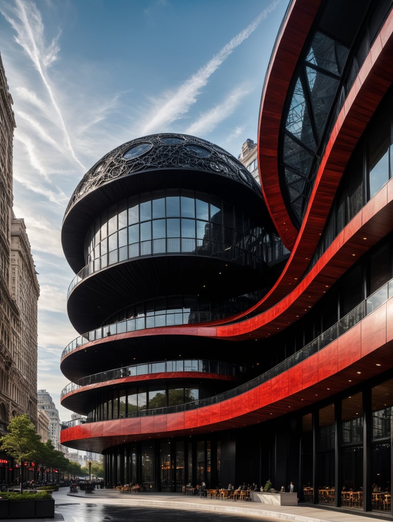 dream prompt: the craziest, bentwood, far view lens architectural modern style hyper realistic hyper detailed neocosmic exterior architecture design of a spider Fluid complex facade, geometric shapes spectrum, black::1 red:3, Antoine Blanchard architecture art style, in new york city, dramatic ambient, natural lighting, camera sony, 8k, --s1000 --style raw, you can imagine