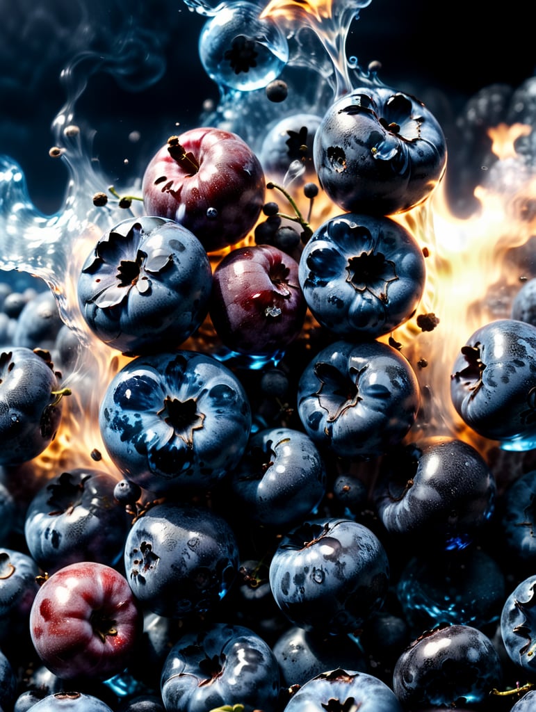 blueberries everywhere floating, mixed blue liquid, blue background, smoke, sky look, 4k photo-realistic