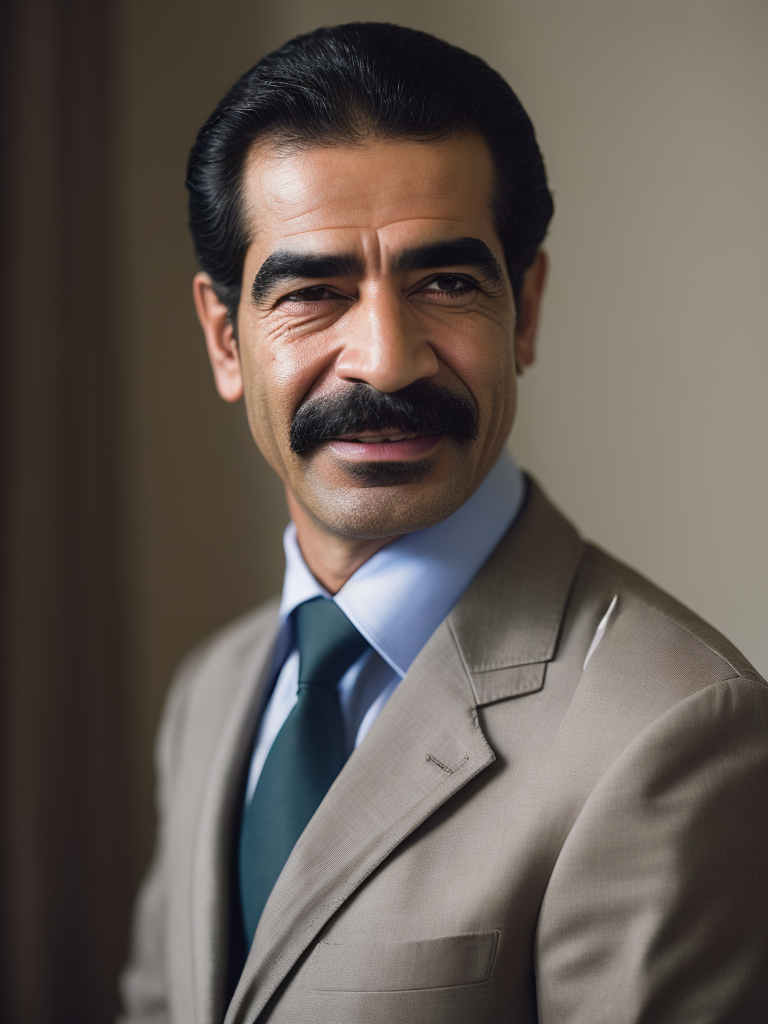 Portrait of Sadam Husein, Saddam Hussein was a prominent political figure who served as the President of Iraq from 1979 to 2003. He led Iraq through a period marked by conflict, both domestically and internationallyn, portrait in Iraq office, special atention of red sharp focus, highly detailed, photorealistic photoreal: 1.4, lifelike,highly detailed CG unified 8K,looking at the viewer smiling, (HQ skin:1.4), 8k uhd, dslr, soft lighting, high quality, film grain, Fujifilm XT3, smiling front camera.