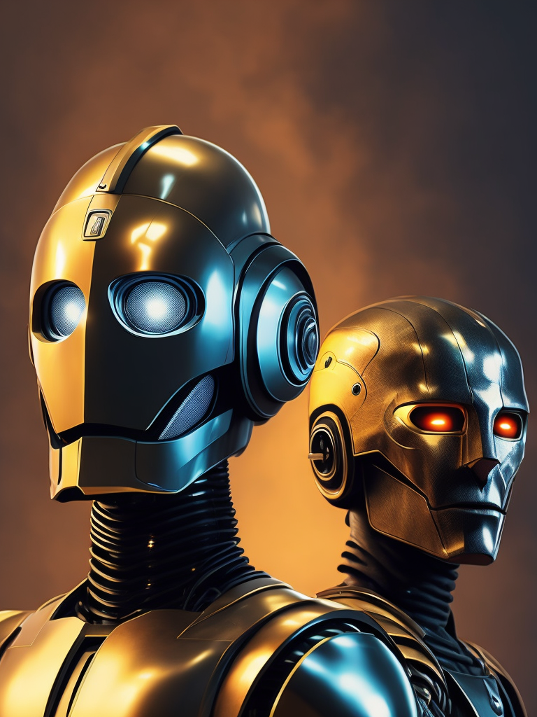 Robot illustration with two faces in the same face, bipolar face, cinematic lightning, like c3po star wars