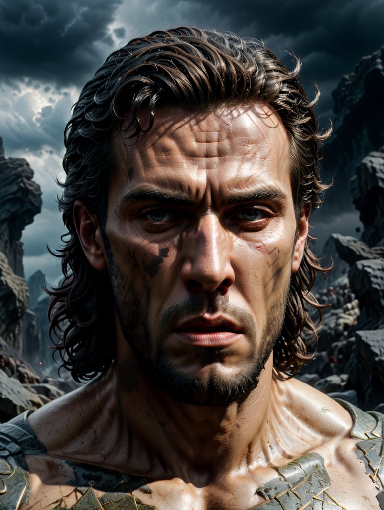 russian hero greek mythology photorealistic art anger and emotion hyperrealistic film like scene sculpture marble statue portrait painting moody atmosphere super detailed craftsmanship