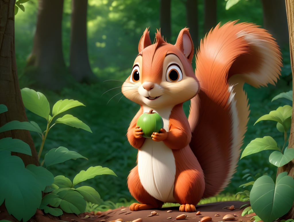 squirrel standing with a nut in his hands in a green forest thick leaves lush trees nature scenery picturesque landscapes enchanting foliage serene woodland botanical beauty