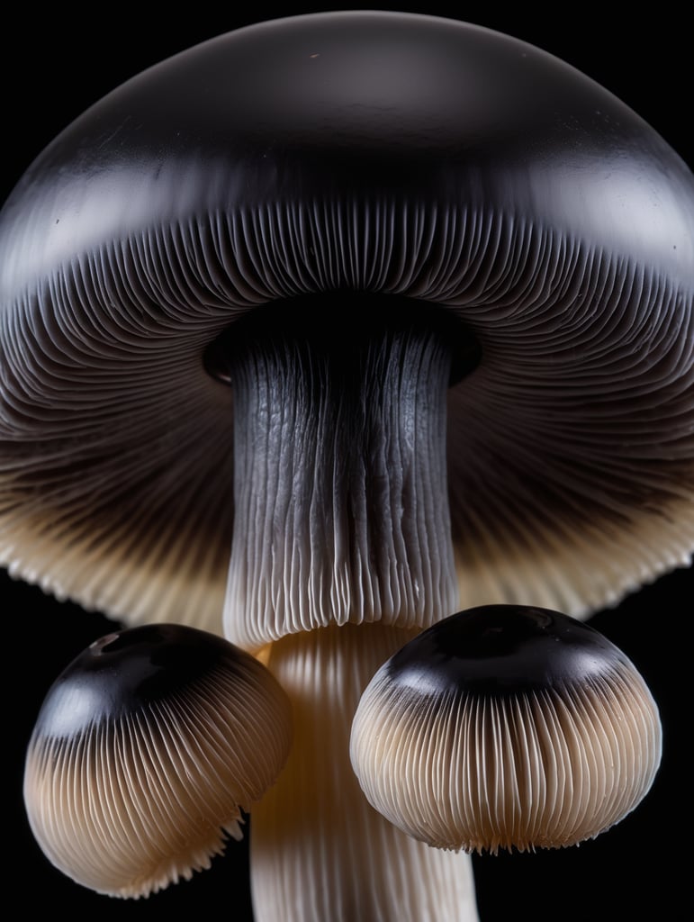 Macro photo of a black translucent alien mushroom, isolated, black background