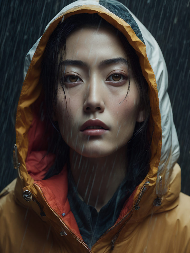 Portrait of Kaori from akira wearing transparent raincoat, rainy neo tokyo photoshoot, cyberpunk, Vivid saturated colors, Contrast light, studio photo, professional photo, Detailed image, detailed face