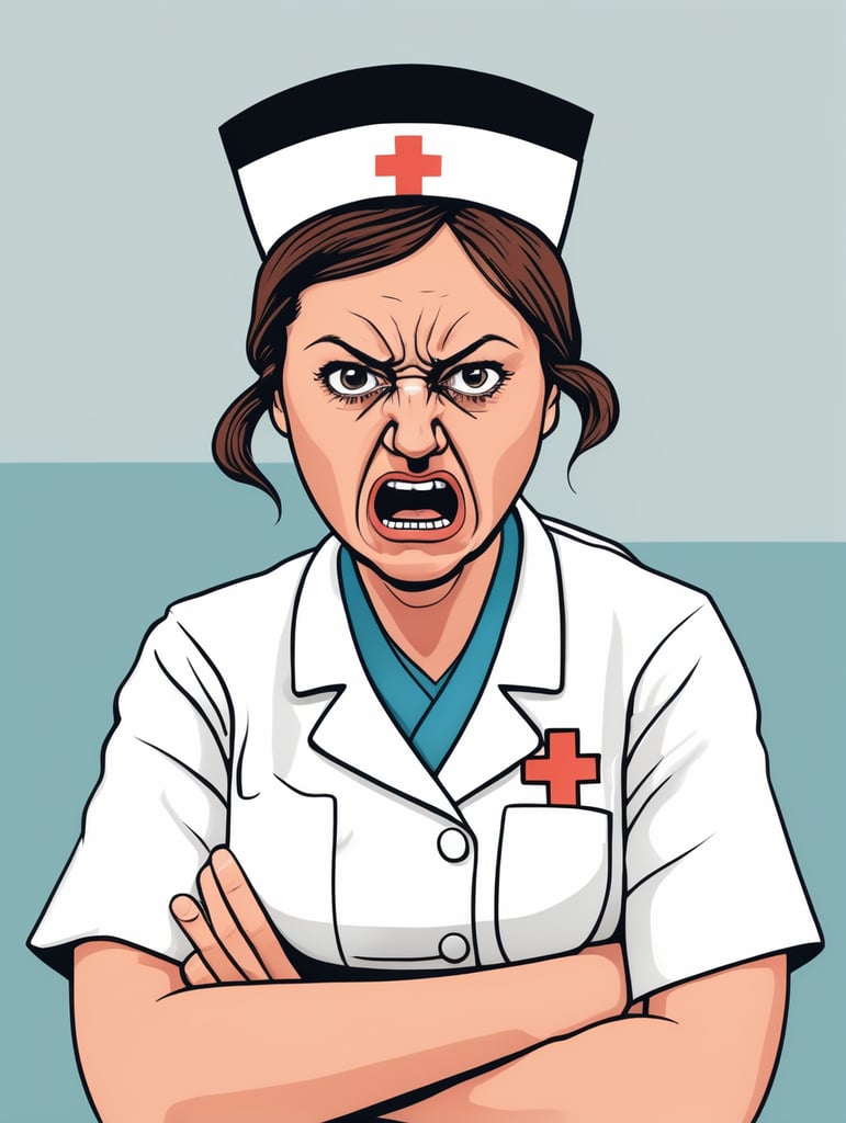 an angry nurse, Illustration, Flat Style, France, style of Jean Jullien