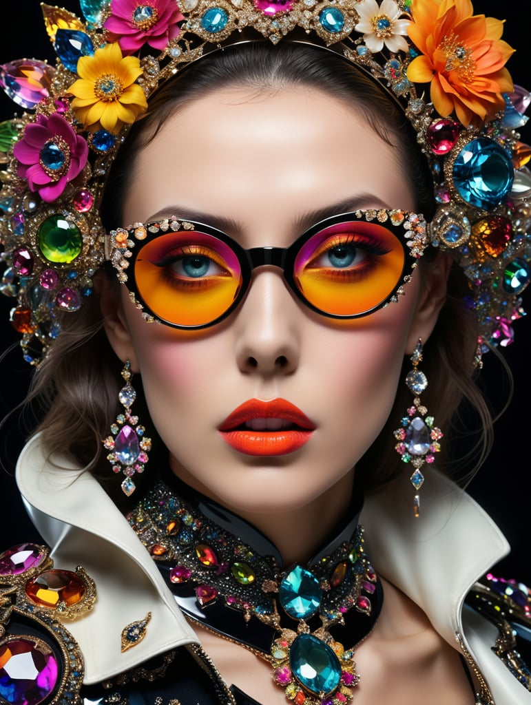 insane bizzare eyeglasses, crystals, bright, colorful rgb, dream world, Alexander McQueen Glazier demonic boy, monster face, vampire, horrific, arty pose, fashion, massive huge jewelry, precious gems, massive pearls, giant white diamonds, retrofuturistic, crystal, marble, glass, floral, massive big flowers, gem flowers, hyper neon glow, dark, moody, diaphanous layered ultra haute couture, high definition, high resolution, bold vibrant colors , volumetric lighting, 8k, 3d rende, style by dior, style by channel, by Jimmy Marble and Takashi Murakami