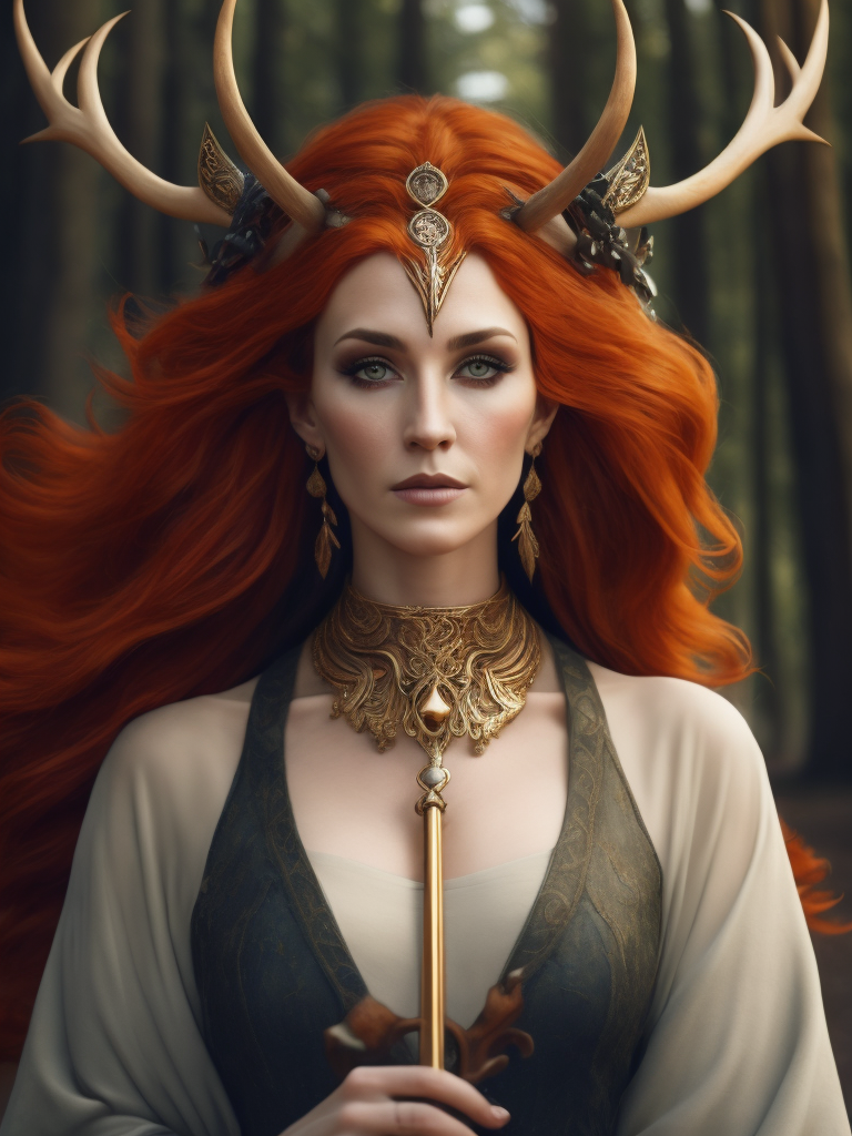 celtic pagan red haired woman wearing antlers on her head, regal goddess, beautiful, in a forest, wearing ancient goddess robes with celtic embroidery, has a staff, dark evening background