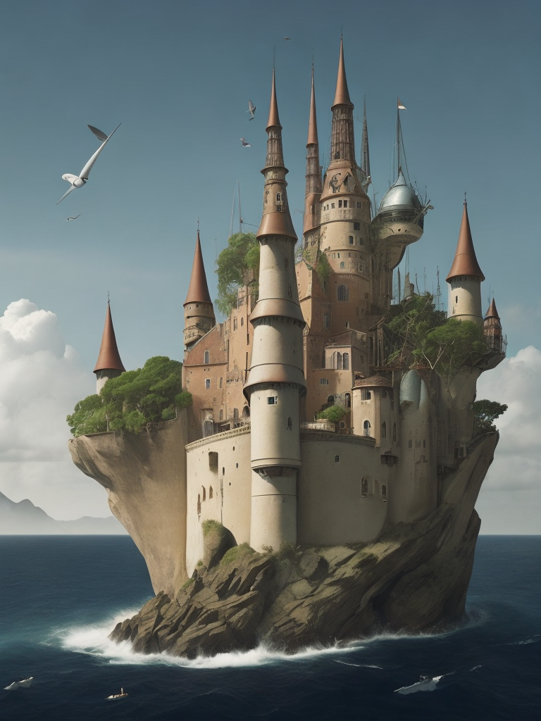 A castle that stands on an island, Around the island there is a sea in which boats and ships, style of Hieronymus Bosch