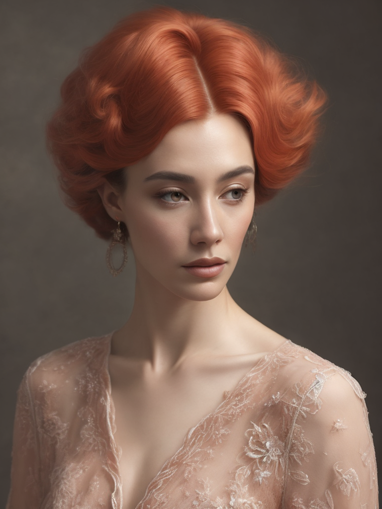 A lady sporting rosy-hued hair donned in a delicate pink lace gown, artfully rendered in hyperrealism and photorealism, ultra-high-definition image, gentle-focused realism, adorned with pastel colors.