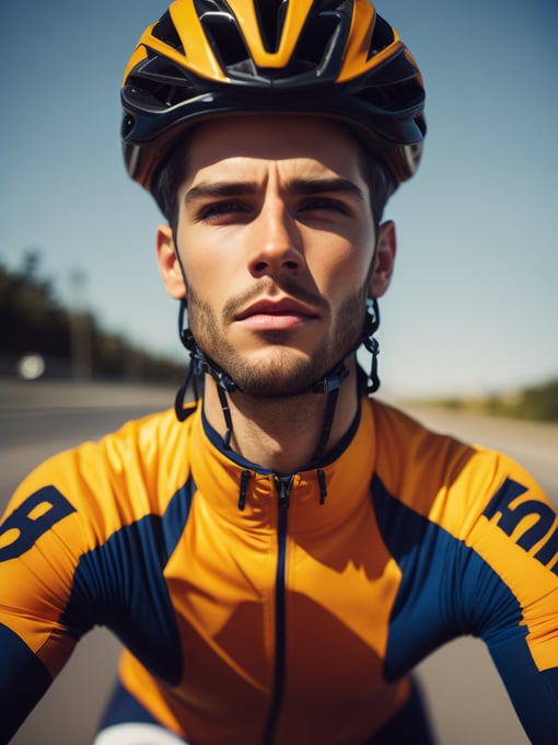 Portrait of a cyclist, bright and saturated colors, highly detailed, fashion magazine, sharp focus, Dramatic Lighting, Depth of field, Incredibly high detailed, blurred backgroun