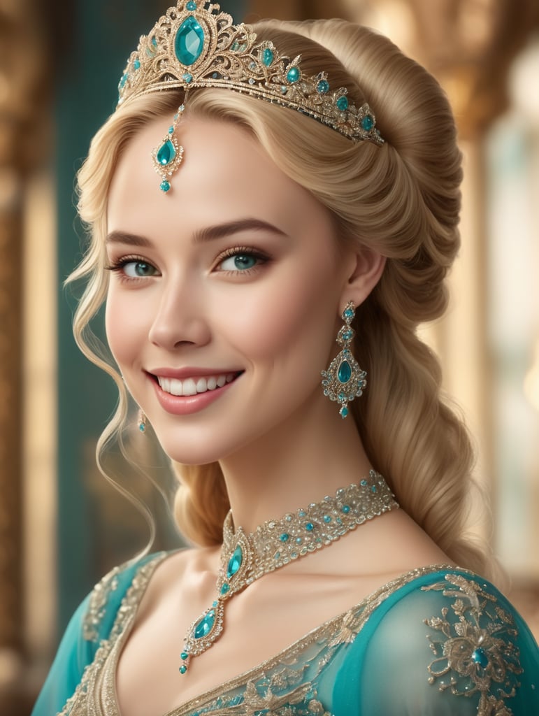 In vertical format. High-definition photography of a fantasy-style portrait of a princess with a radiant smile. She has long, golden hair elegantly styled in an updo, crowned with a delicate tiara on her forehead. Her attire is a luxurious, turquoise gown adorned with intricate details and embroidery that glistens subtly. Gracefully held in her arms are three clear glass bottles. The background of the image is a stark, pure white, emphasizing her regal and ethereal presence.