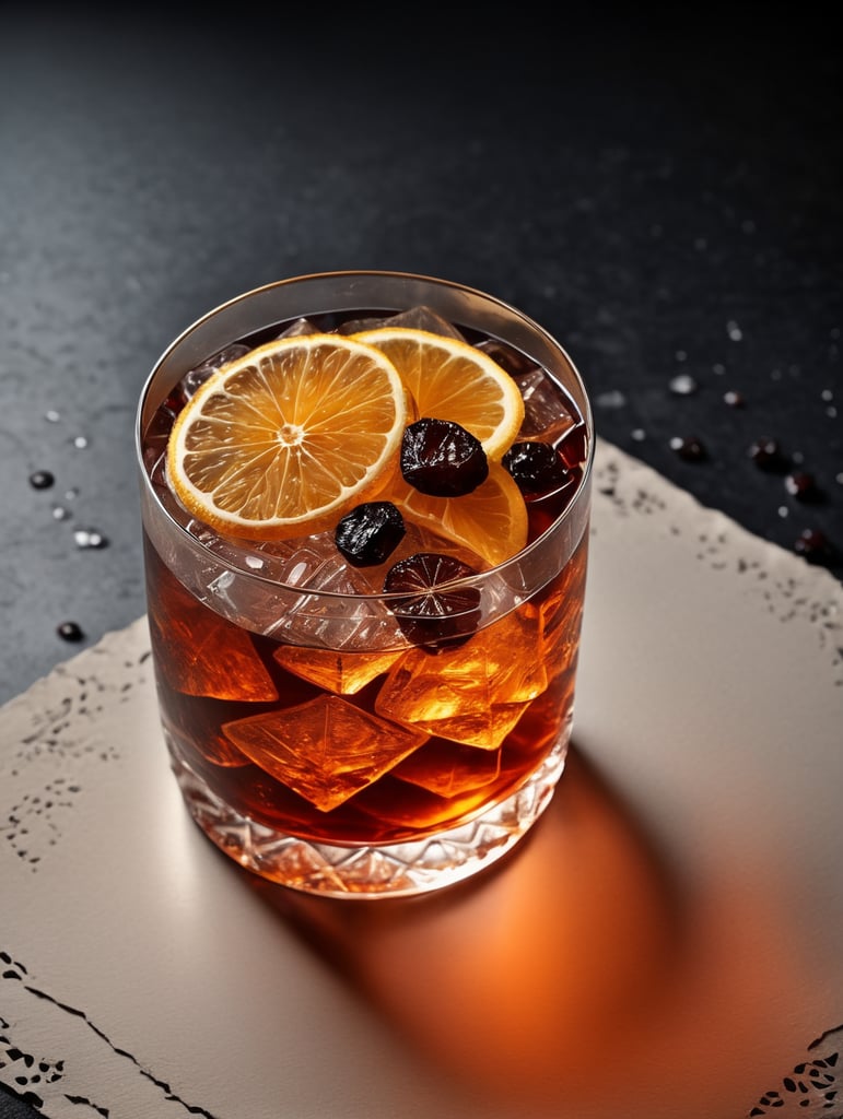 Gin cocktail with dried fruit slices, salted glass rim, mood lighting