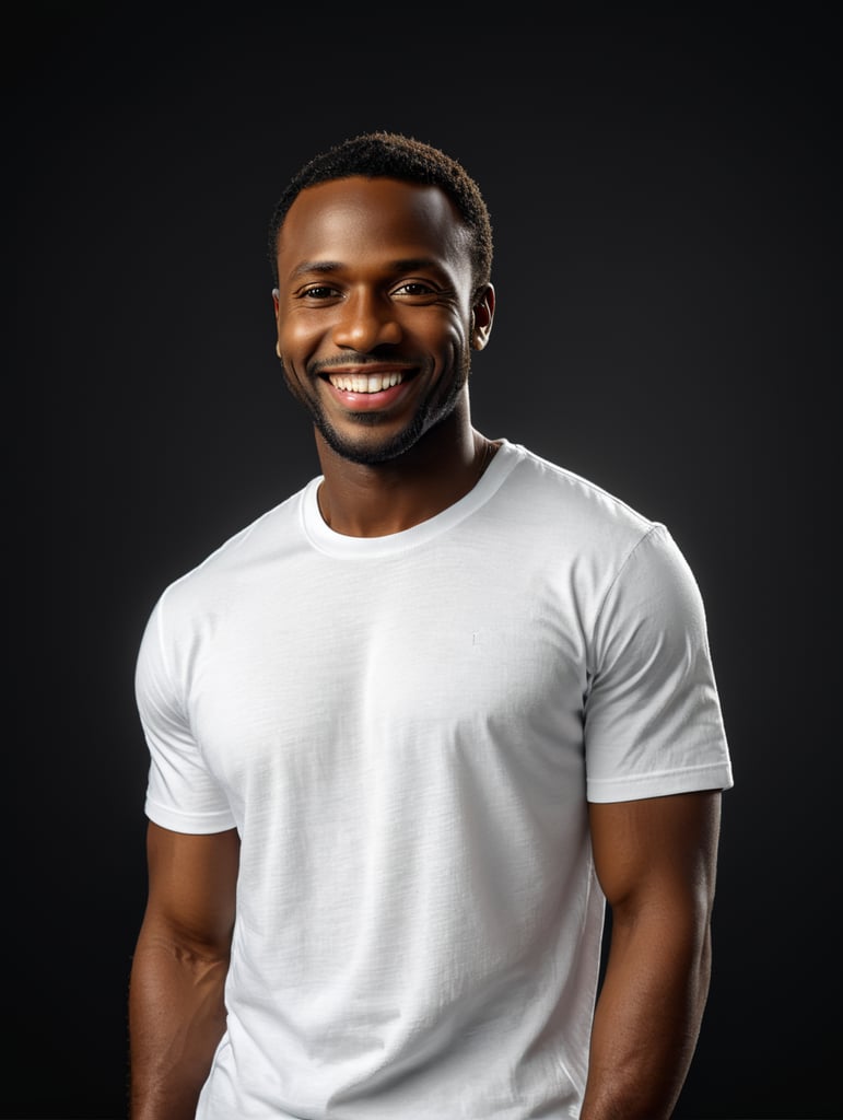 a black African man wearing white t-shirts, standing in front of black background, blank shirt no print, smiling, photo for apparel mock-up