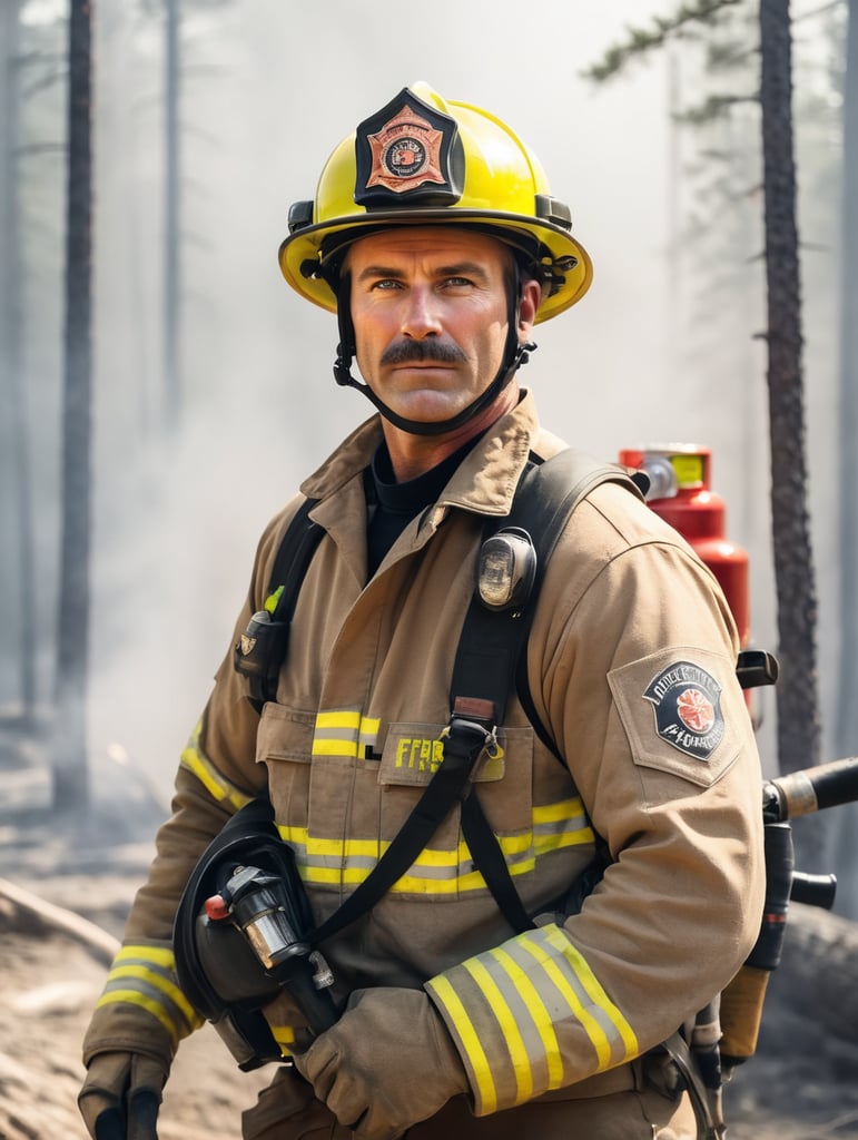 epic portrait of a Firefighter, forest fire, British Columbia Wildfire, Canada