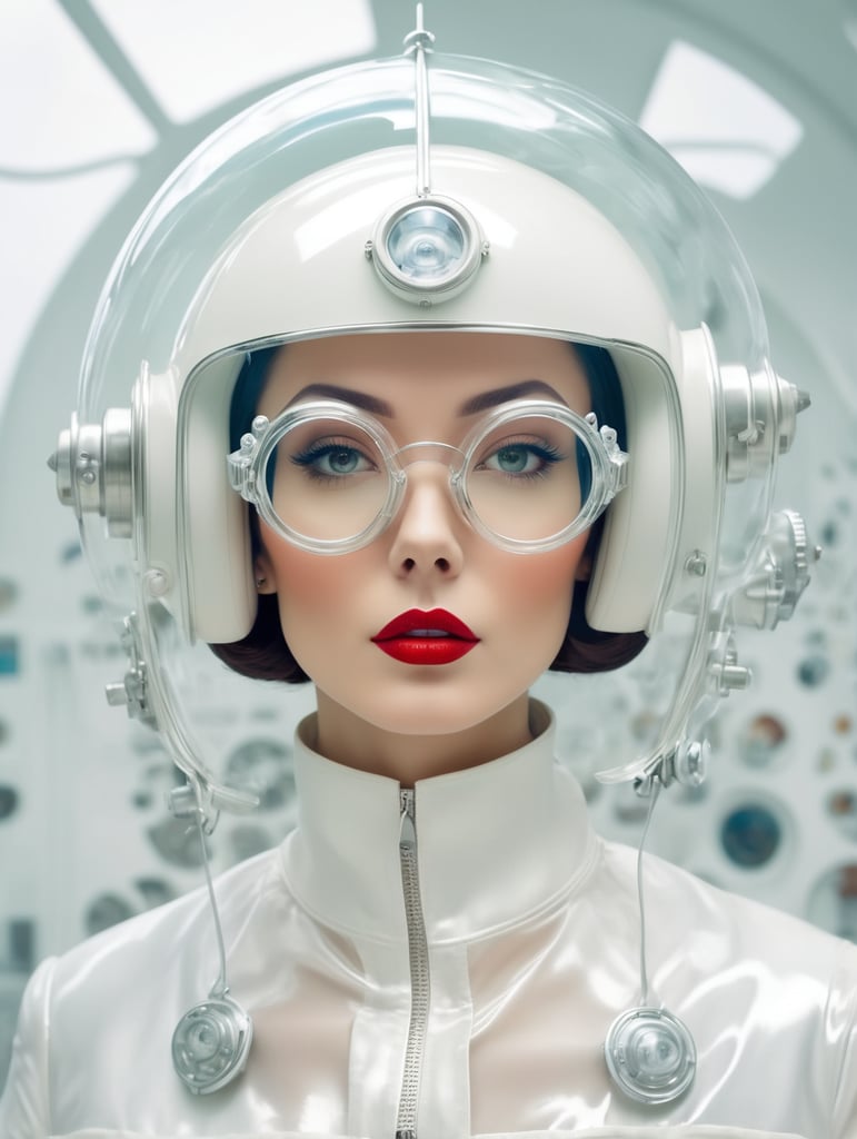 Photography in a vintage sci fi transparent space ship, 60's gorgeous nurse woman in a glossy satin white coat, wearing a large transparent plexiglass mickey mouse helmet glasses, 80 degree view, art by sergio lopez, natalie shau, james jean and salvador dali