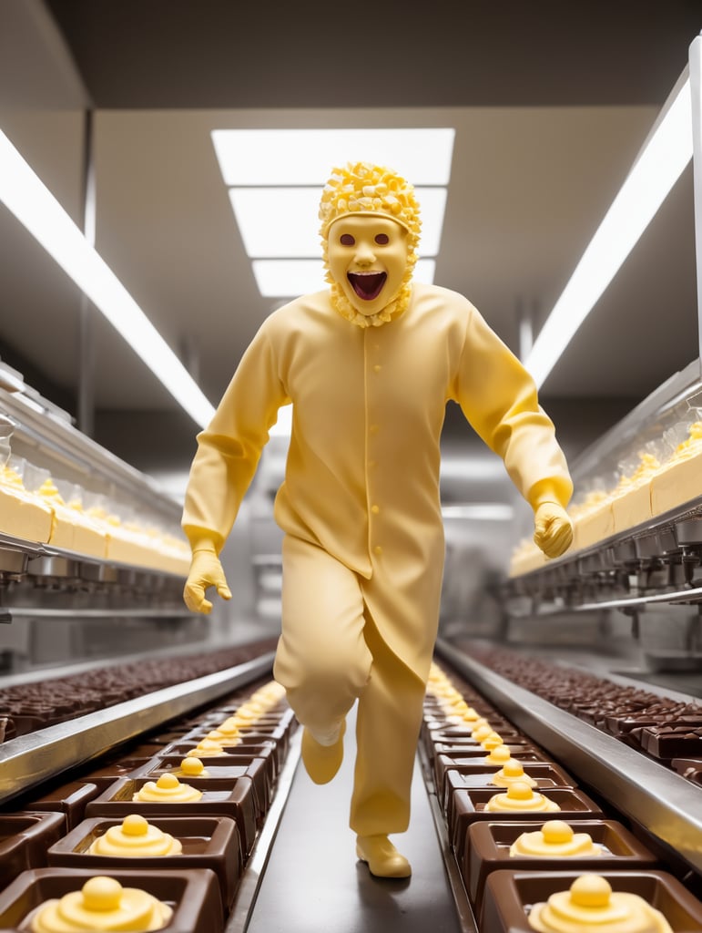 a person made of butter running a chocolate factory