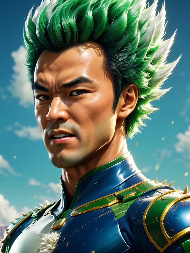 bruce lee as Dragon Ball character Vegeta, aggressive face, green and white suit, spiky hairstyle, bright saturated colors, bright gradient background,