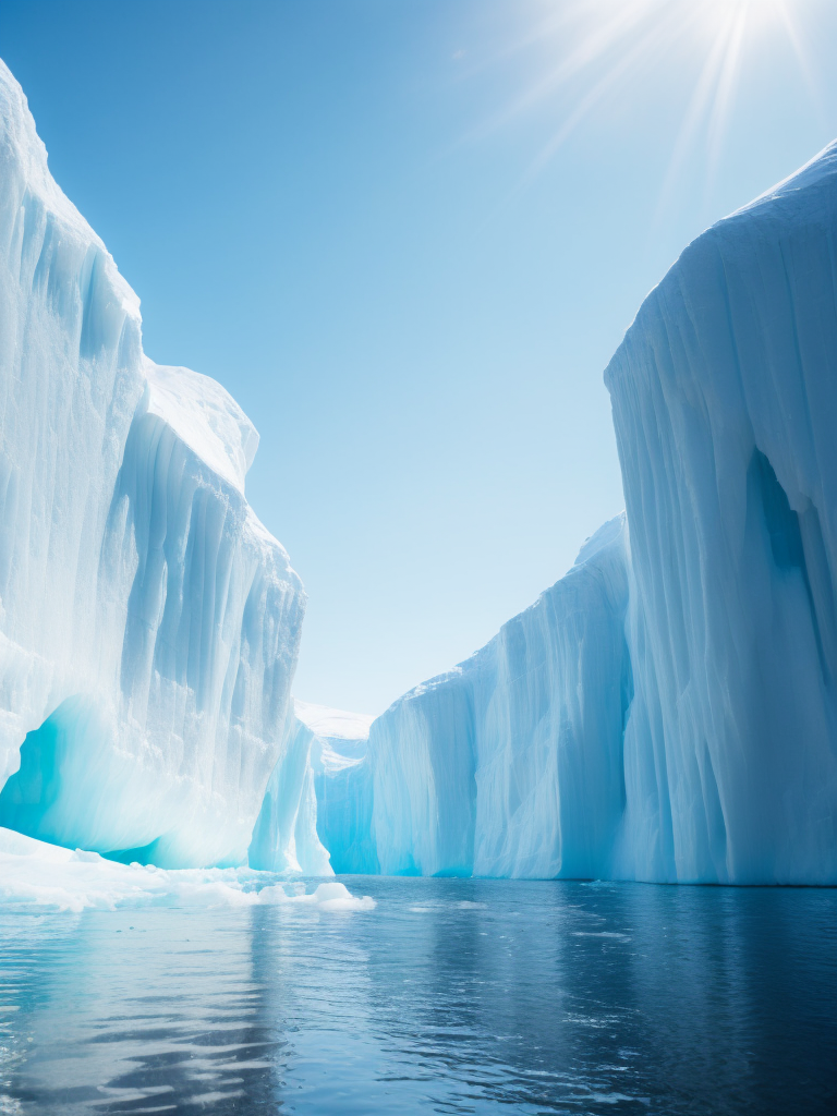 An ice canyon in antarctica, deep colors, amazing view, sunny weather, blocks of ice, high quality details