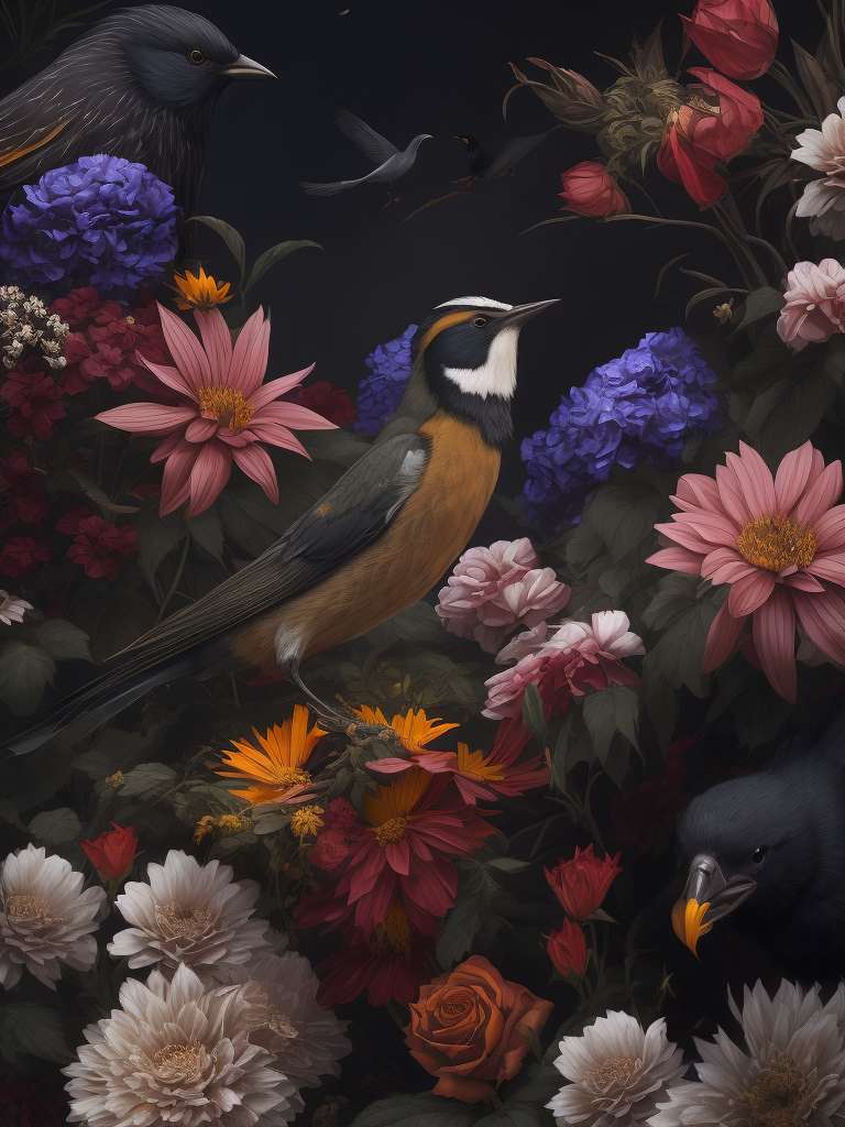 flowers and birds, deep color, sharp on details, vibrance 20, saturation 20