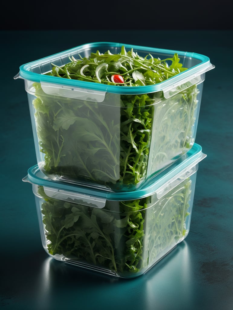 blank Transparent Plastic Container with Arugula Salad, isolated, cyan background, Mockup, mock up