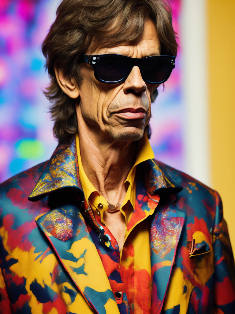 tilt shift photography of Mick Jagger wearing a brightly patterned jacket and wayfarer glasses, Vivid saturated colors, Contrast color