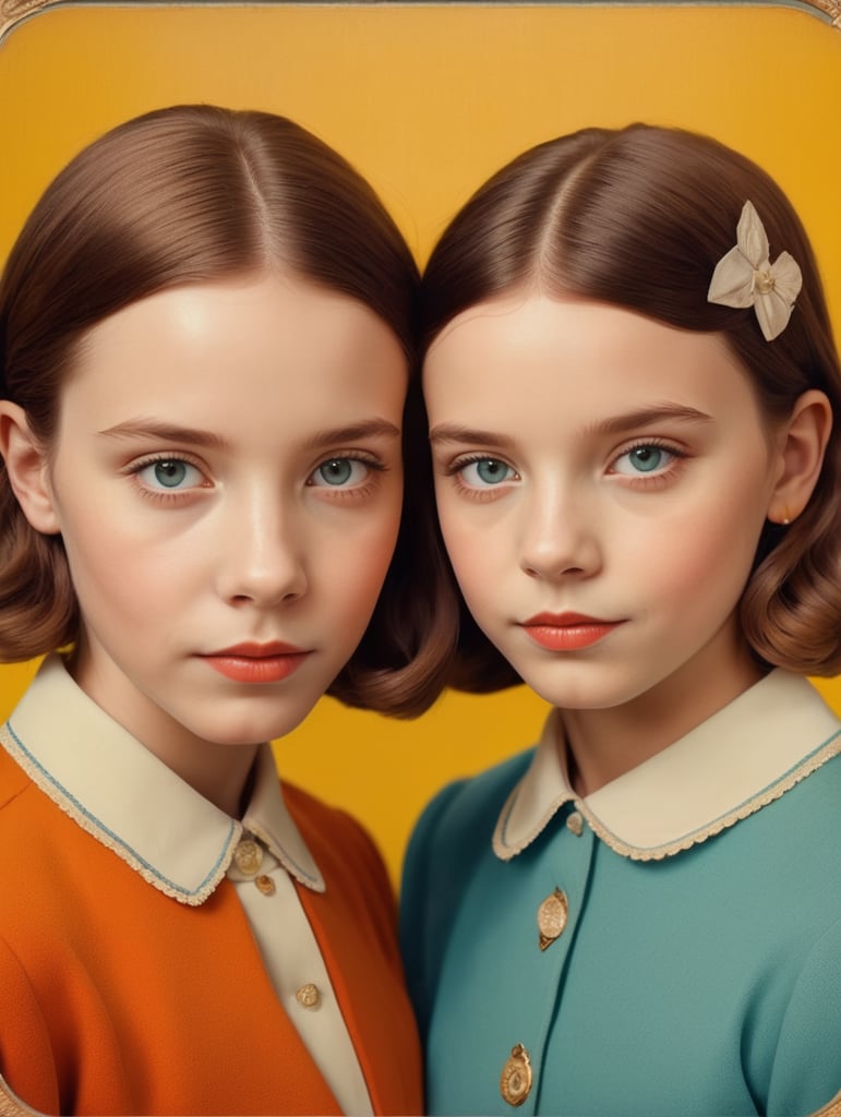 Vintage portrait of two girls, Wes Anderson style, Incredibly high detail, Bright colors