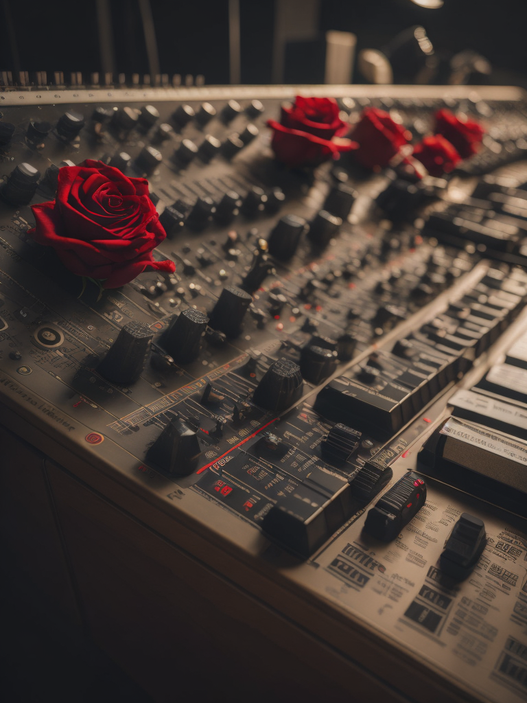 Sintetizador moog con rosas rojas