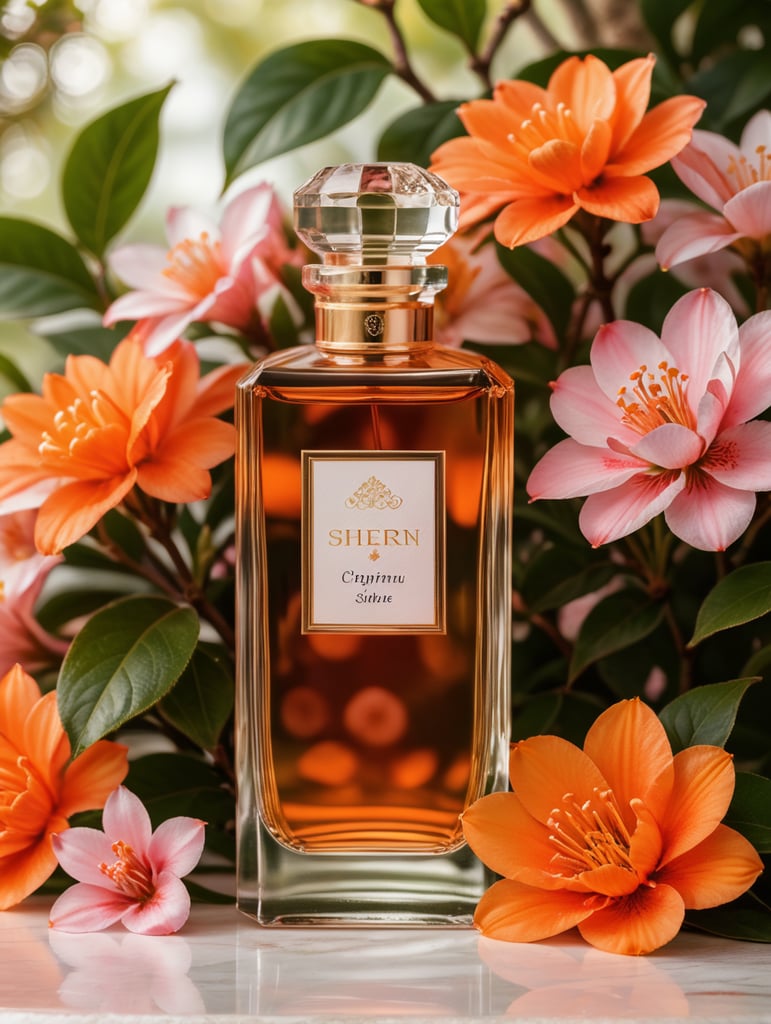 Luxury perfume bottle with blanc label, floral background, pink and orange flowers, Snake next to the bottle