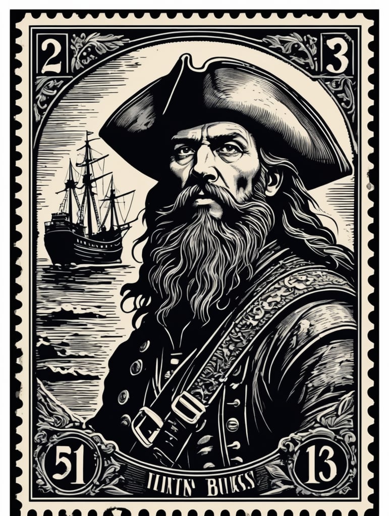 Black and white linocut postage stamp old pirate thick bold dark lines